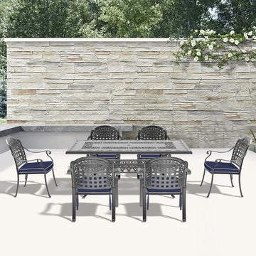 Cushions In Random Colors 7 Piece Set Of Cast Aluminum Patio Furniture With Cushions Yes Dining Set Black Seats 6 Rust Resistant Frame Water Resistant Cushion Garden & Outdoor Complete Patio Sets Aluminium