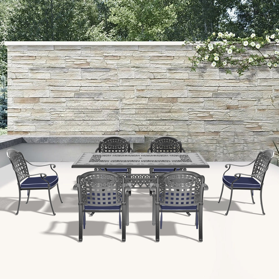 Cushions In Random Colors 7 Piece Set Of Cast Aluminum Patio Furniture With Cushions Yes Dining Set Black Seats 6 Rust Resistant Frame Water Resistant Cushion Garden & Outdoor Complete Patio Sets Aluminium