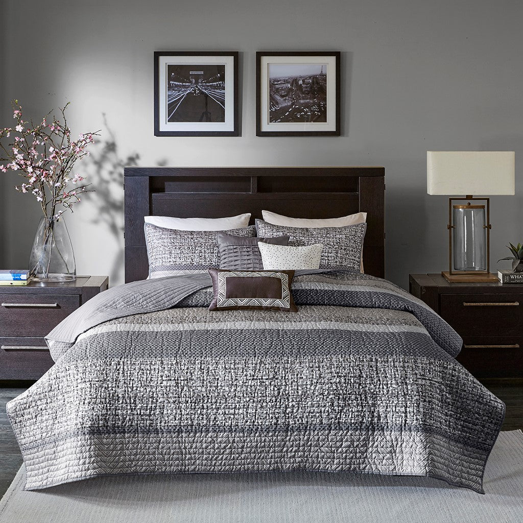 6 Piece Reversible Jacquard Quilt Set With Throw Pillows Grey Taupe Full Queen Grey Taupe Cotton