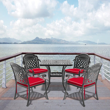 Cushions In Random Colors 5 Piece Set Of Cast Aluminum Patio Furniture With Cushions Yes Dining Set Black Seats 4 Rust Resistant Frame Water Resistant Cushion Garden & Outdoor Complete Patio Sets Aluminium