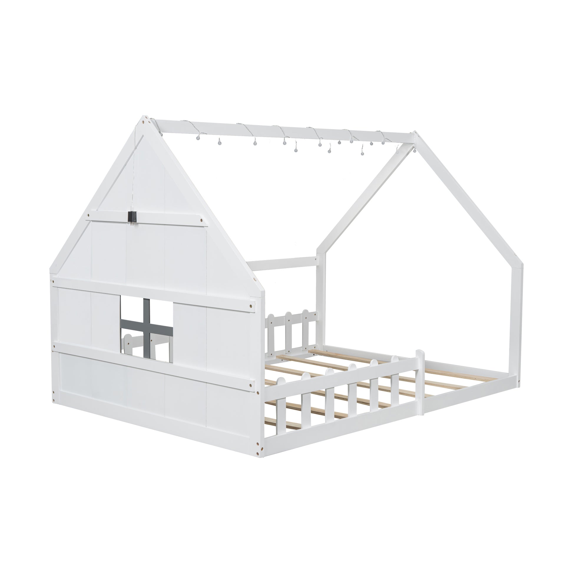 Full Size Wood House Bed With Window And Fence, White Old Sku: Wf304147Aak Box Spring Not Required Full White Wood Bedroom Pine Bed Frame Solid Wood Mdf