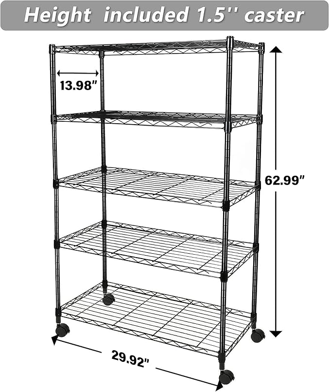 Heavy Duty 5 Shelf Shelving Unit 1250Lb Capacity, 29.92" D X 13.98" W X 62.99" H, 5 Tier, Black Black Iron