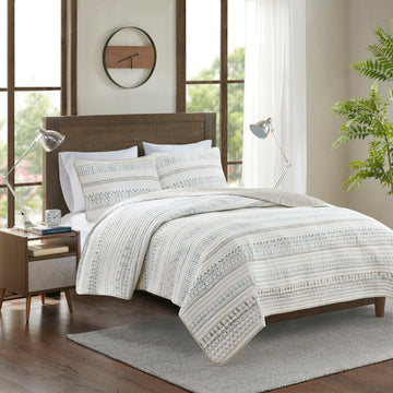 3 Piece Printed Microfiber Seersucker Quilt Set Taupe Blue King Cal King King Taupe Blue Polyester