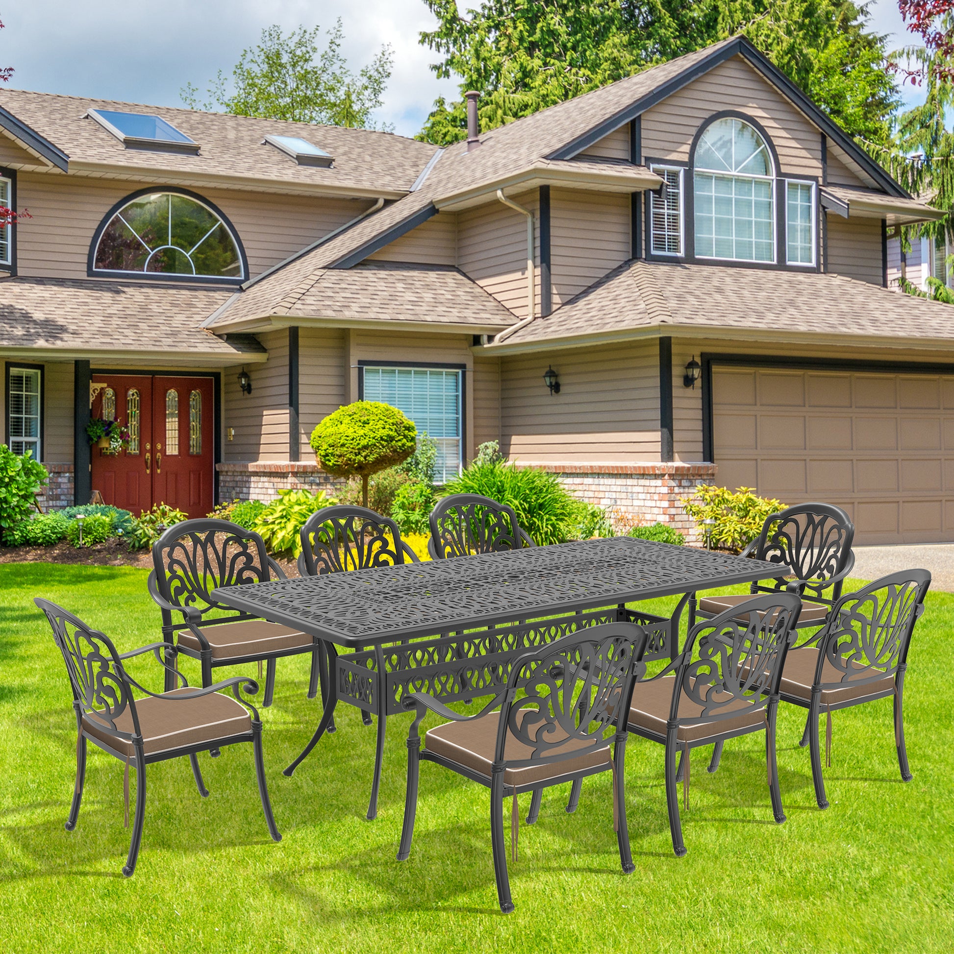 Cushions In Random Colors 9 Piece Set Of Cast Aluminum Patio Furniture With Cushions Yes Dining Set Black Seats 8 Rust Resistant Frame Water Resistant Cushion Garden & Outdoor Complete Patio Sets Aluminium