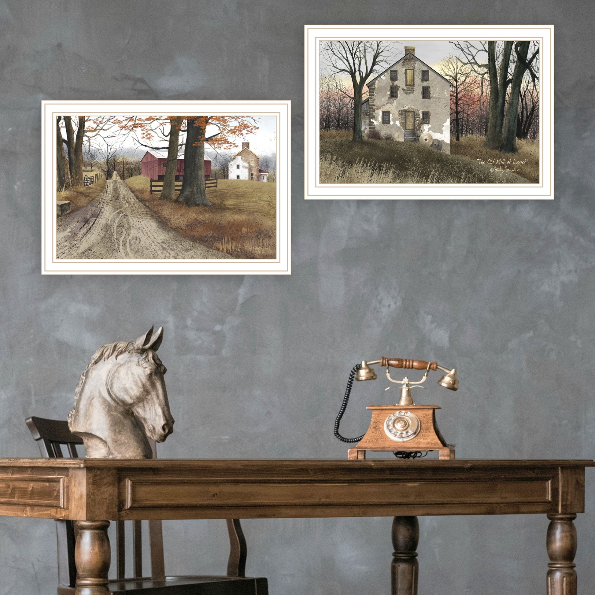 2 Piece Vignette The Old Mill & A Road Home White Framed Wall Art For Living Room, Bedroom Wall Art Print For Home Decor By Billy Jacobs Multicolor Wood Paper