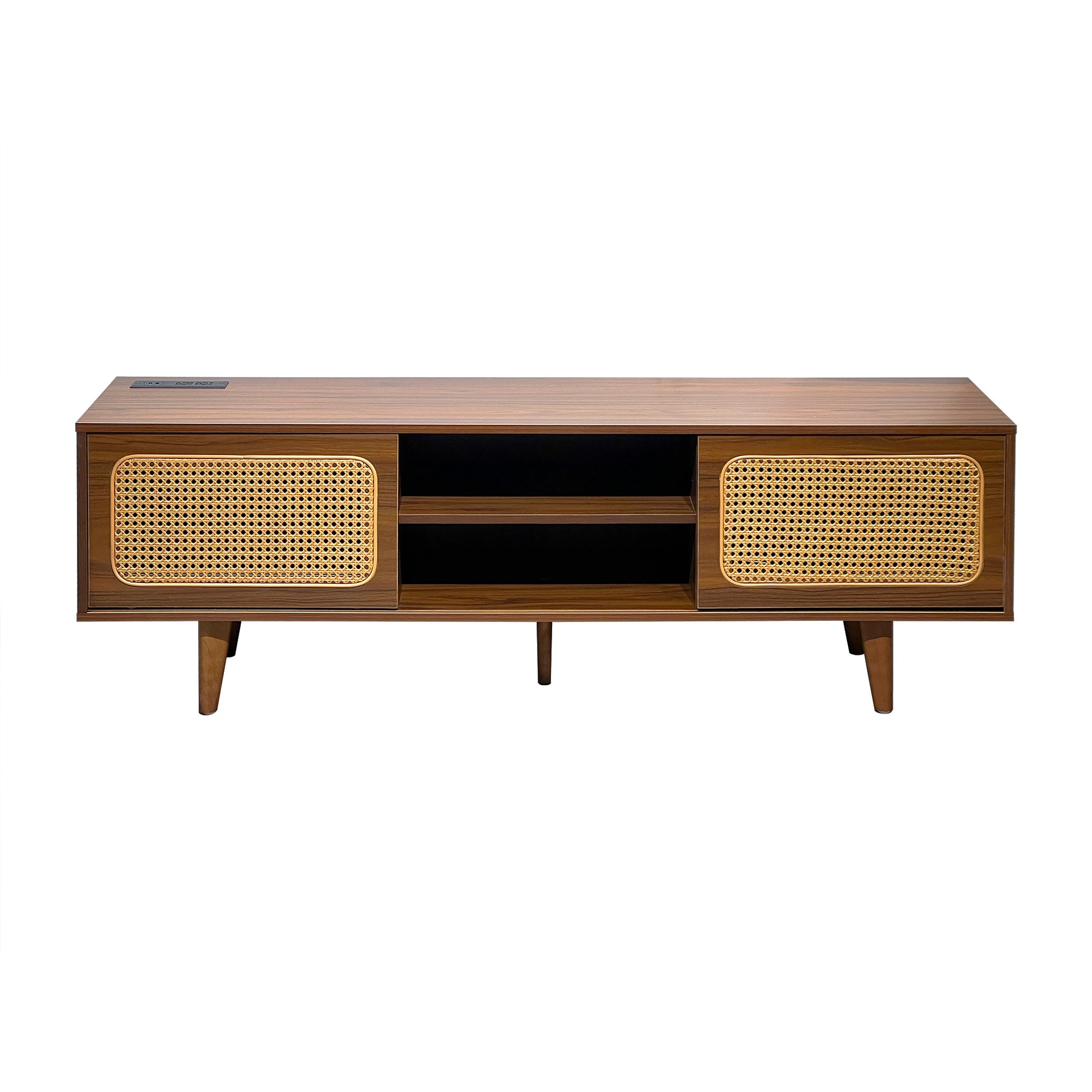 Mid Century Modern Rattan Tv Stand For 55 60 65 Inch Tventertainment Cabinet, Media Console For Living Room Bedroom Media Room, Solid Wood Feet & Rattan Cabinet Doors Walnut, 59" Black Brown Brown