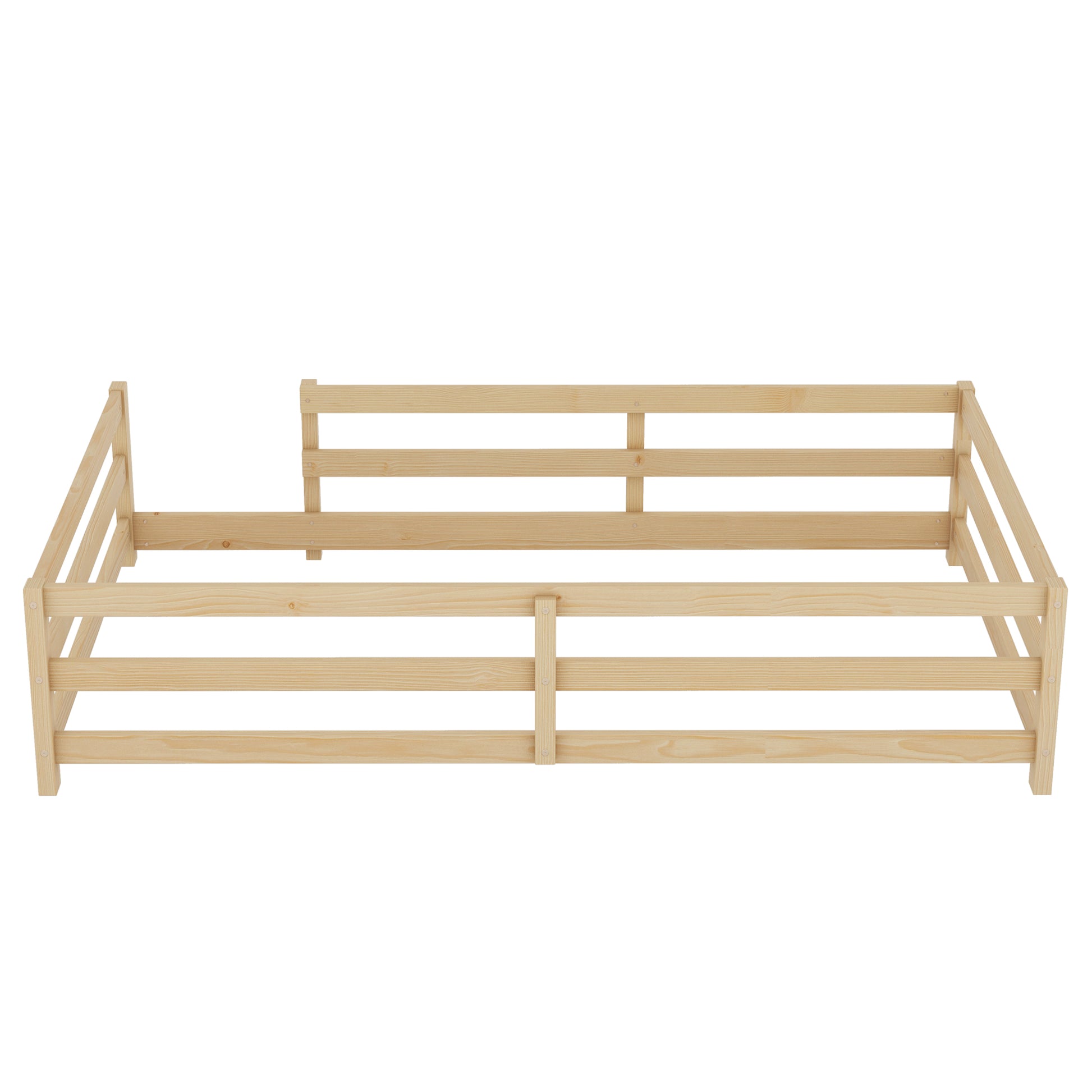 Twin Size Floor Bed, Montessori Floor Bed With Fence, Kids Montessori Bed Twin Size, Wood Montessori Floor Bed For Kids, Girls, Boys Natural Natural Wood Metal