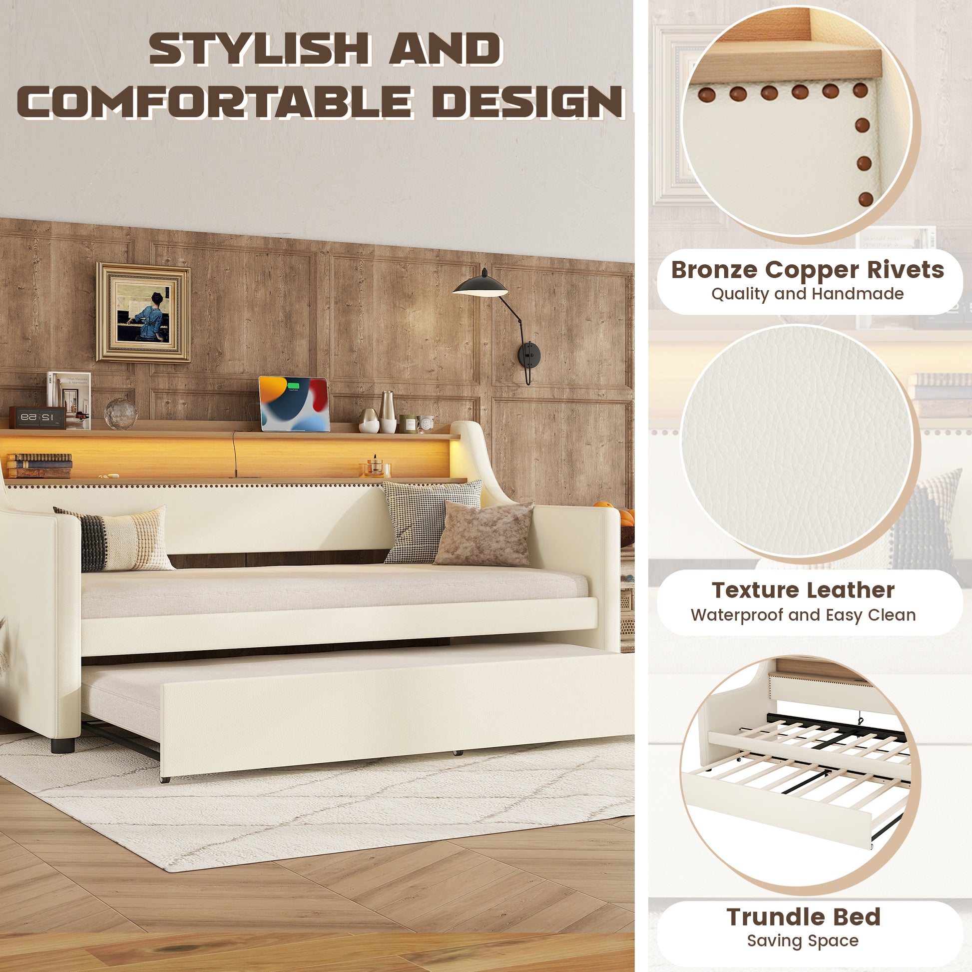 Twin Size Daybed With Trundle, Upholstered Daybed With Charging Station And Led Lights, White Twin White Pu Leather