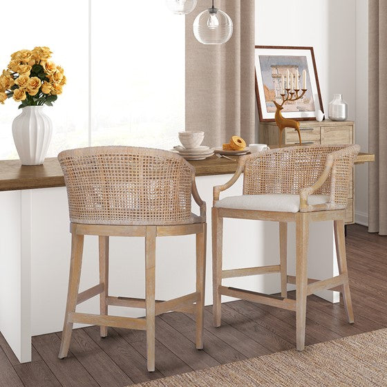 Handcrafted Rattan Counter Stool 25" H Natural Whitewash Polyester