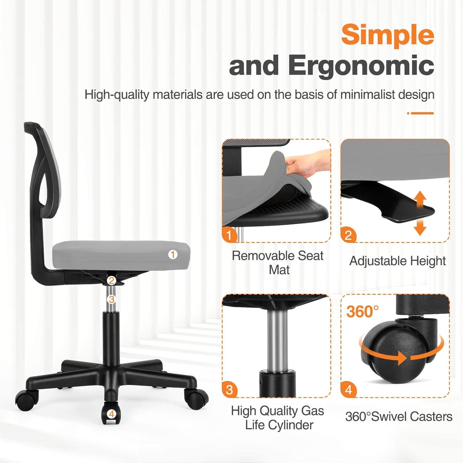 Low Back Mesh Armless Office Chair,Swivel Rolling Computer Chair No Arms With Lumbar Support, Grey Grey Metal