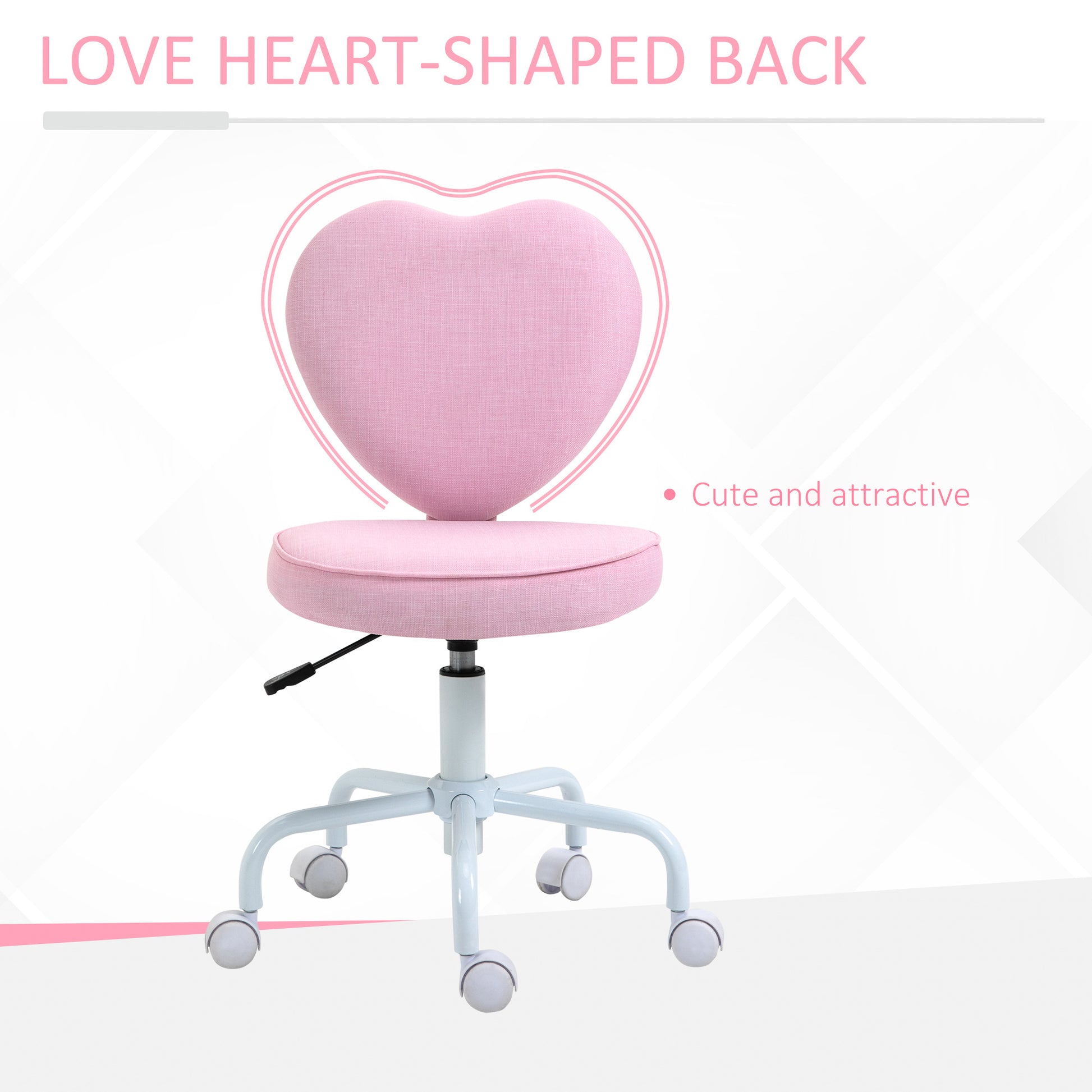 Homcom Heart Beautiful Shaped Back Design Office Chair With Adjustable Height And 360 Swivel Castor Wheels, Pink Pink Linen