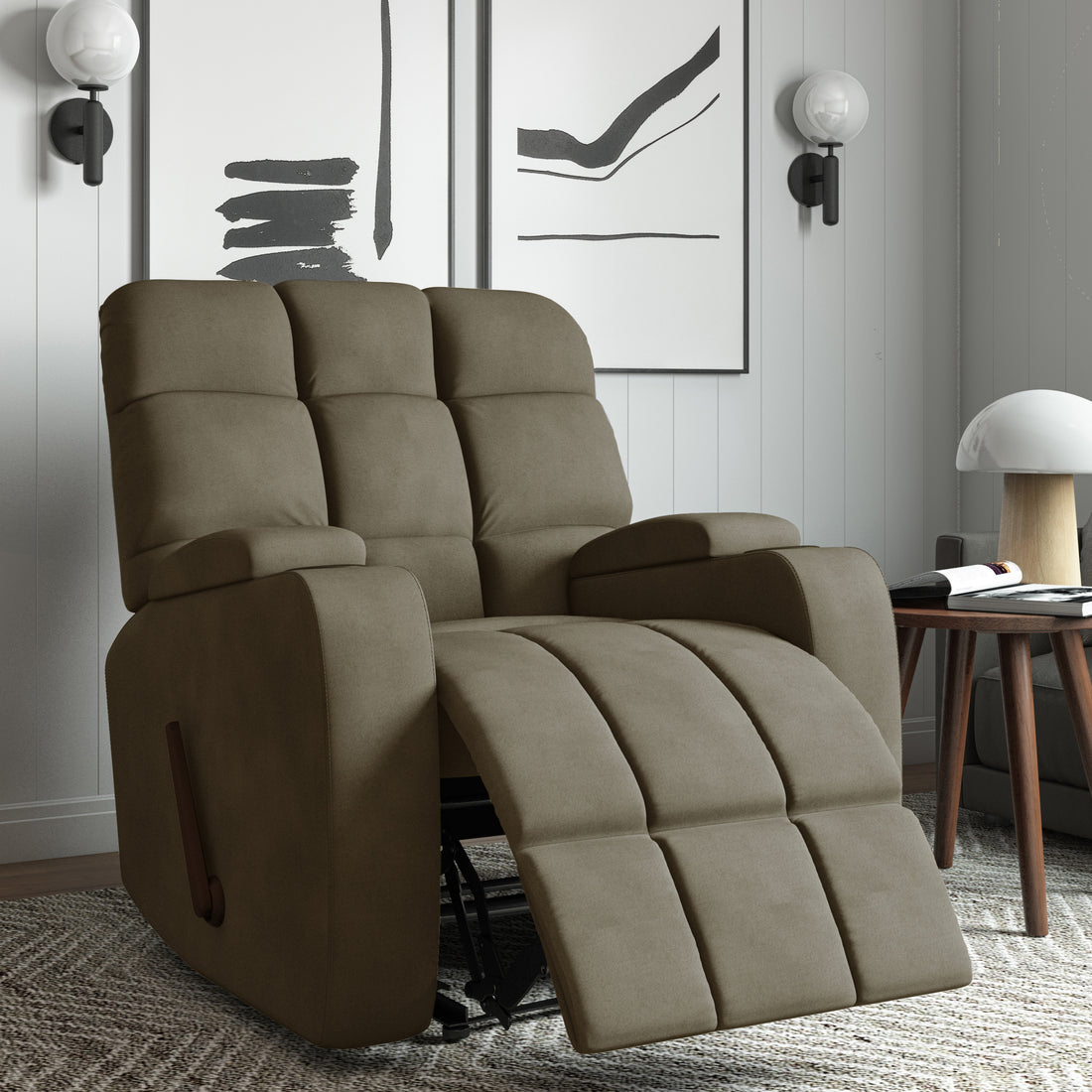 The Granada Recliner In Sage Gray Gray,Sage Manual Handle Wood Handle Microsuede,Polyester