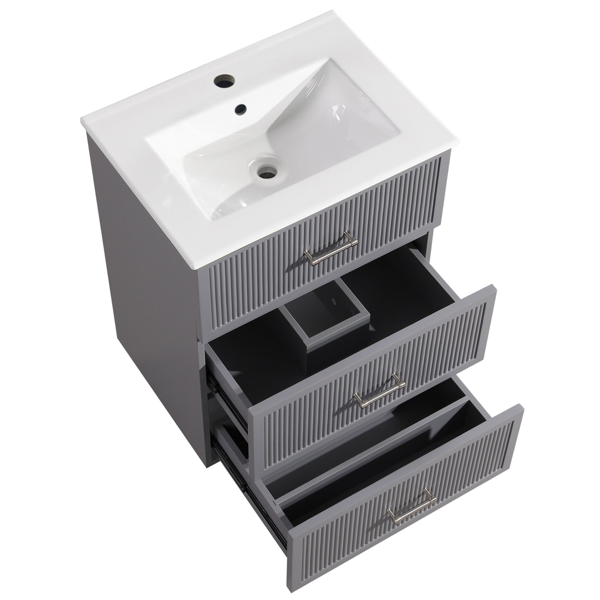 24 Inch Bathroom Vanity With Ceramic Sink Set, Modern Freestanding Bathroom Storage Cabinet With 2 Drawers, Floor Standing Bath Vanity Combo, Gray Grey Mdf