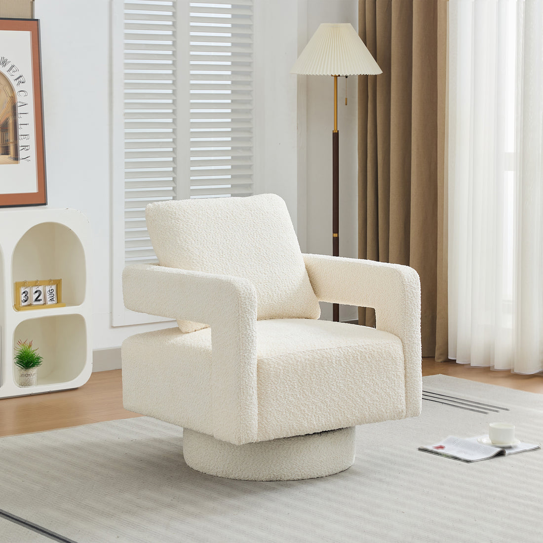 29.13" W Square Swivel Accent Chair, Modern Rotating Arm Chair With Open Back,360 Degree Rotation, Lounge Club Chair With Removable Back Cushion For Living Room, Hotel, Bed Room,Beige Beige Boucle