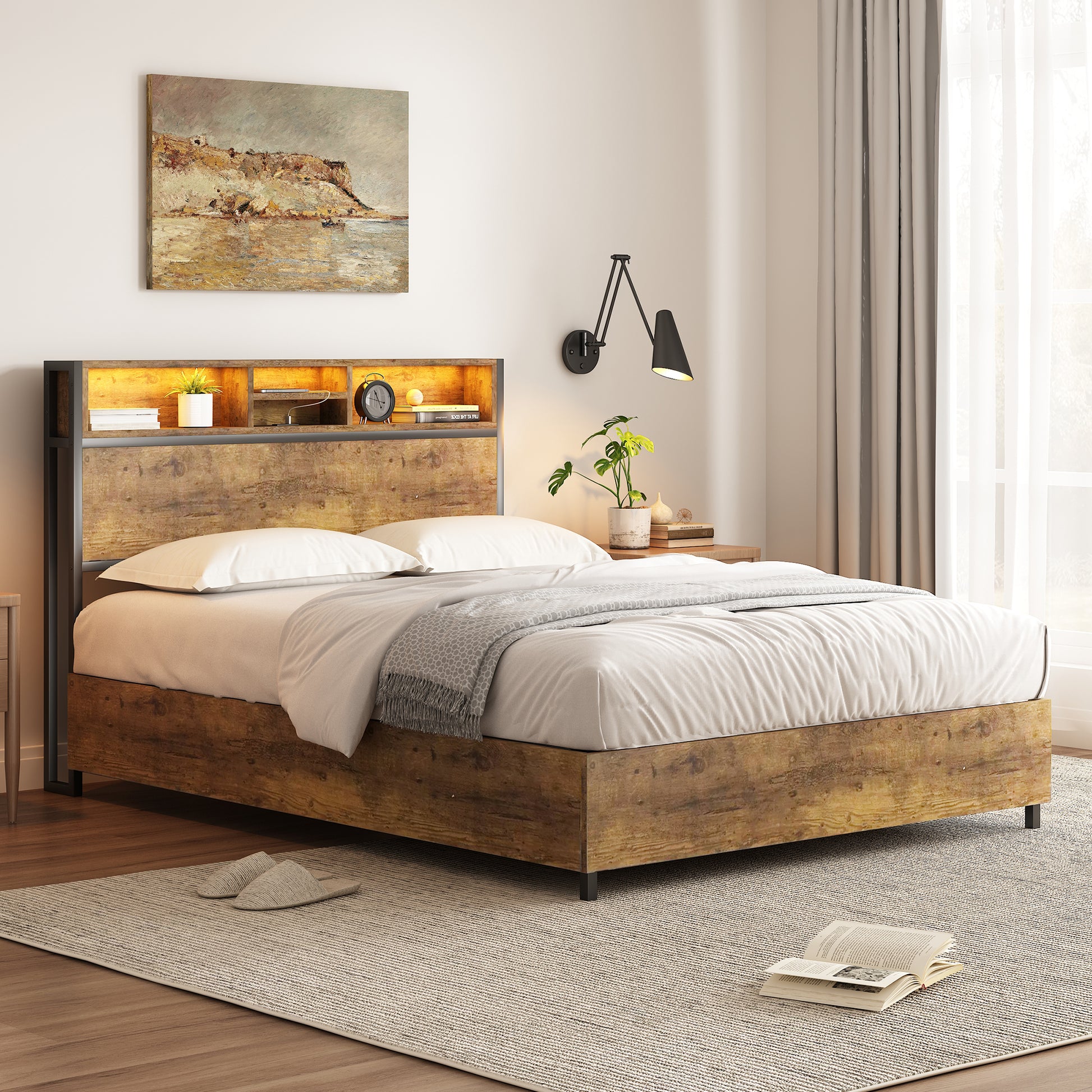Metal Platform Bed With Underneath Storage, Led And Usb Ports, Full, Black Full Black Mdf Metal