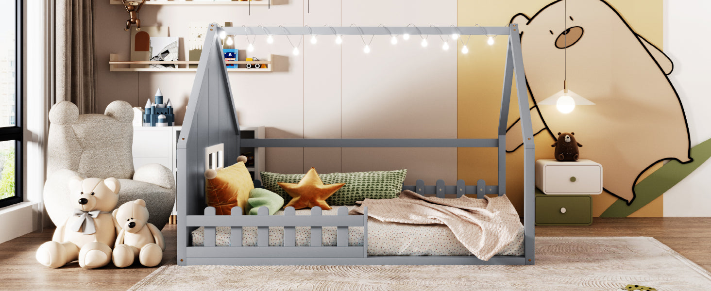 Full Size Wood House Bed With Window And Fence, Gray Old Sku: Wf304147Aae Box Spring Not Required Full Gray Wood Bedroom Pine Bed Frame Solid Wood Mdf