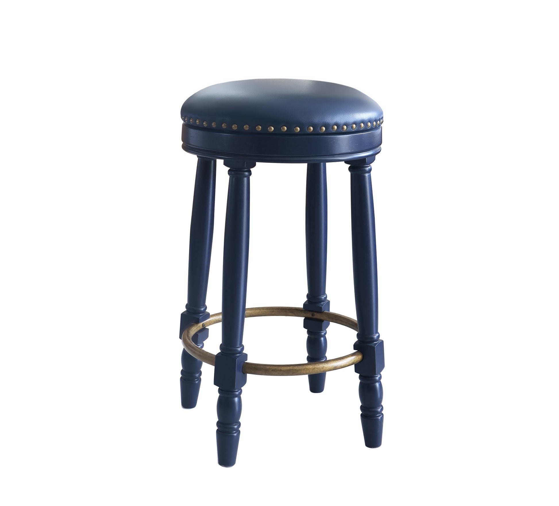 Bar Stools Set Of 2 Dark Blue Color, 360 Degree Swivel, Accent Wooden Swivel Seat Counter Height Bar Stool, Leather Upholstered Design, Barstool Perfect For Dining And Living Room Height 26" Cushion