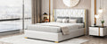 Queen Size Upholstered Platform Bed With Metal Strips, Off White Queen Off White Pu