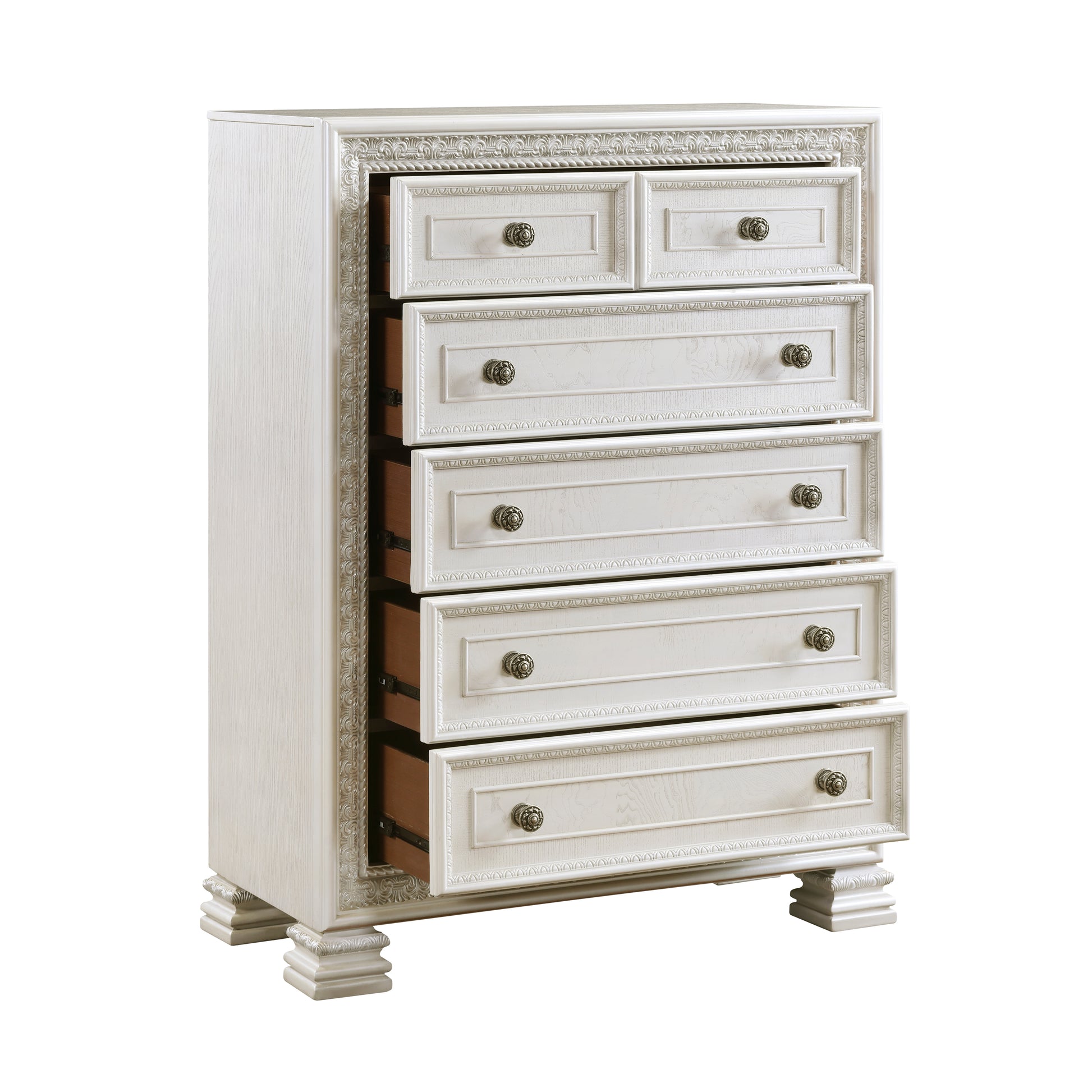 Classic Luxury Pearl White Finish Chest Of 5X Drawers Wooden Bedroom Furniture 1Pc, Dart Molding Design White Wood