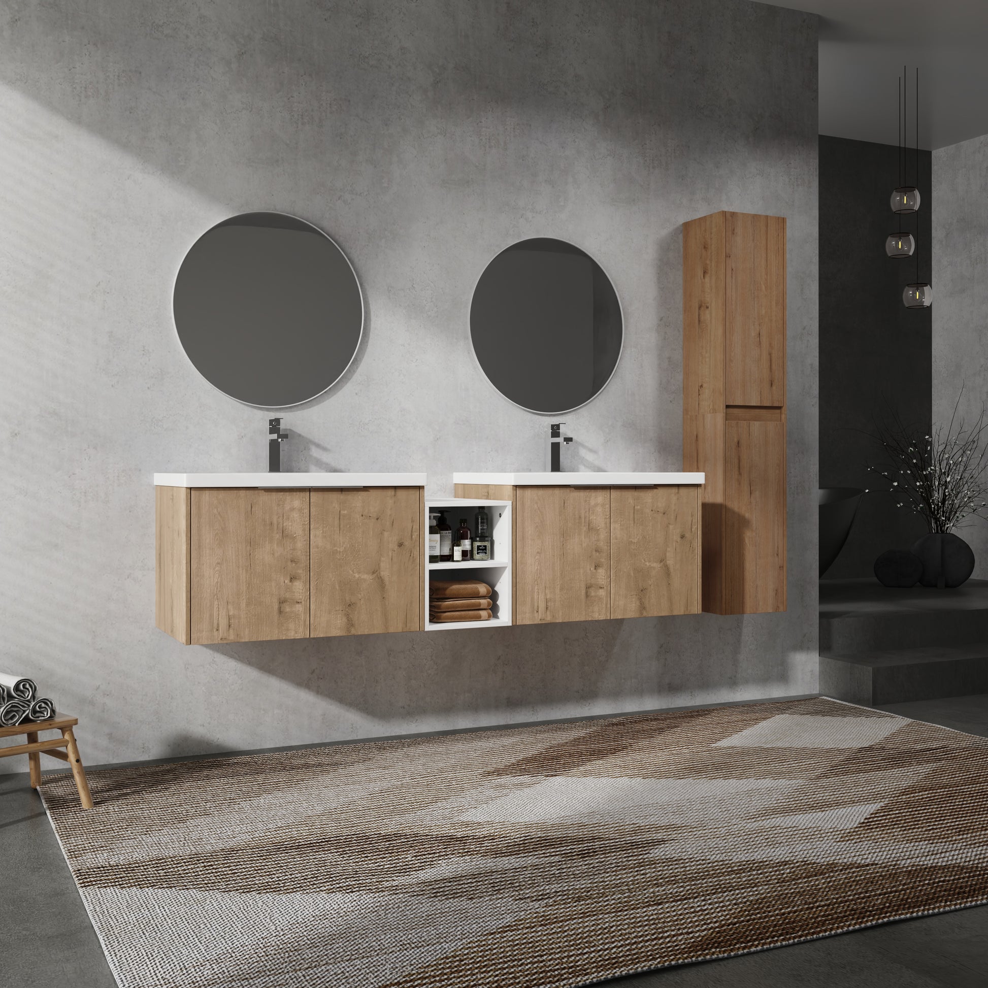 72" Wall Mounted Bathroom Vanity With Sink And Side Cabinet, Soft Close Doors,00112Imo 00630Imox2 00612Gwh Combination Cabinet Kd Packing Imitative Oak Bathroom Modern Plywood Plywood