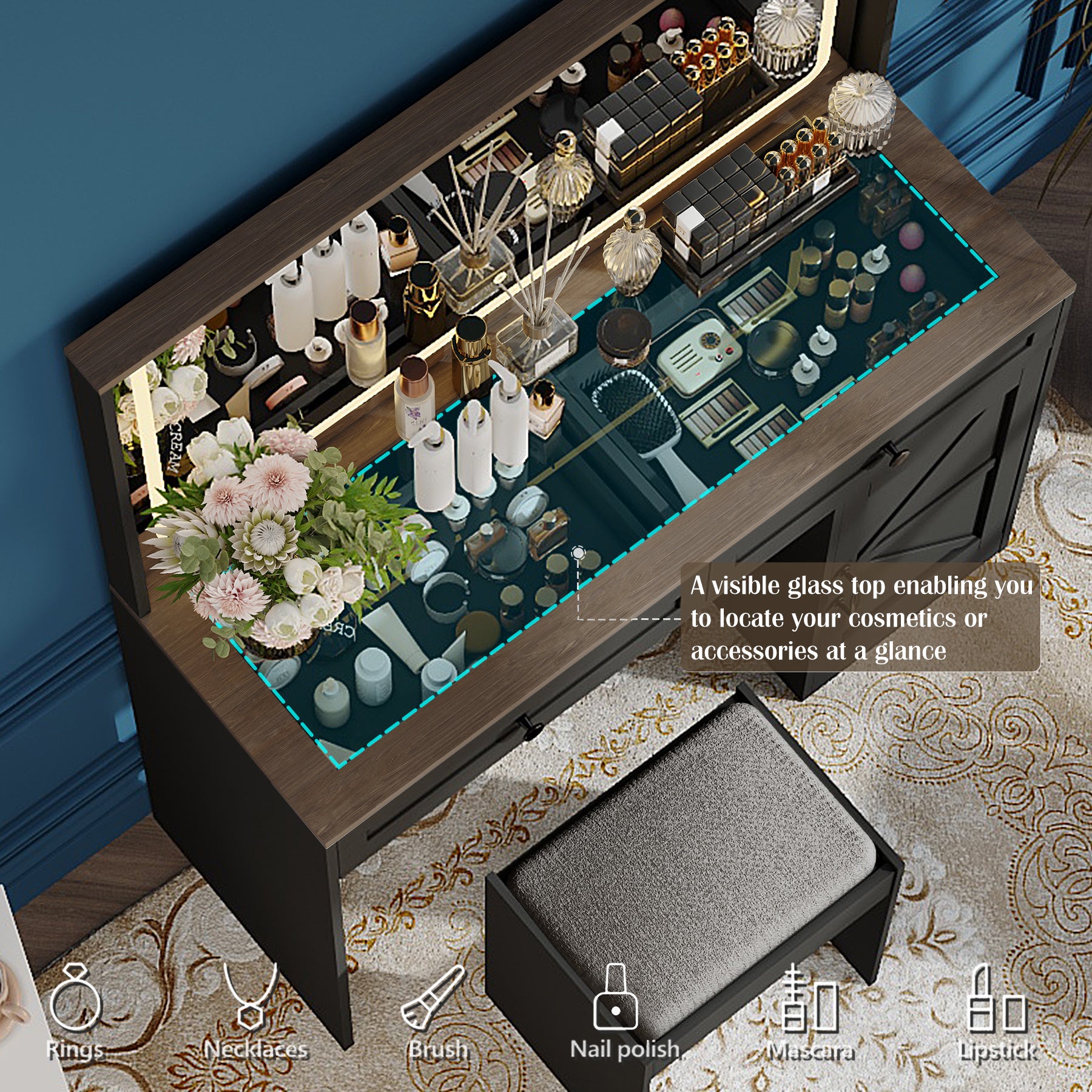 43.3"Makeup Vanity Table, Makeup Table With Large Mirror And Led Light Strip, Brightness Adjustable, Dressing Table Desk With 3 Drawers, Vanity Desk For Women Black With Stool Black Particle Board