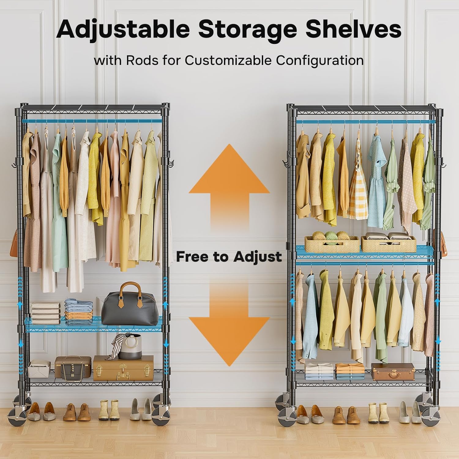 Rolling Clothes Rack, Heavy Duty Clothing Rack, 3 Shelf Portable Adjustable Wardrobe Closet With Wheels, Hanging Rods & Side Hooks, 29.5" W X 15.7" D X 75.6" H, Black Black Steel