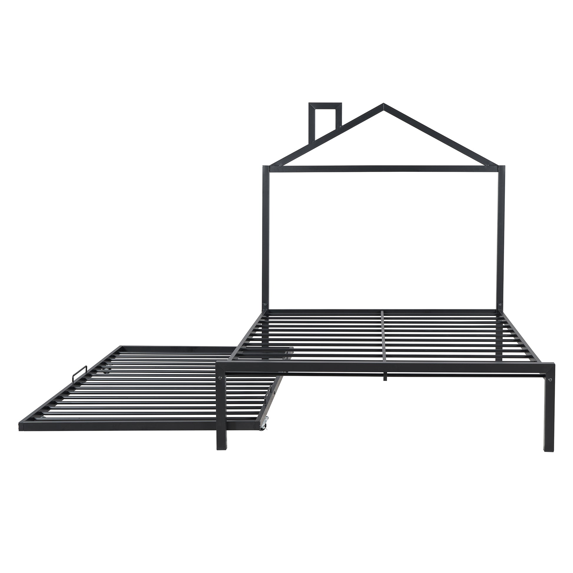 Full Size Metal Platform Bed With Twin Size Trundle,House Shaped Headboard Design, Black Full Black Metal