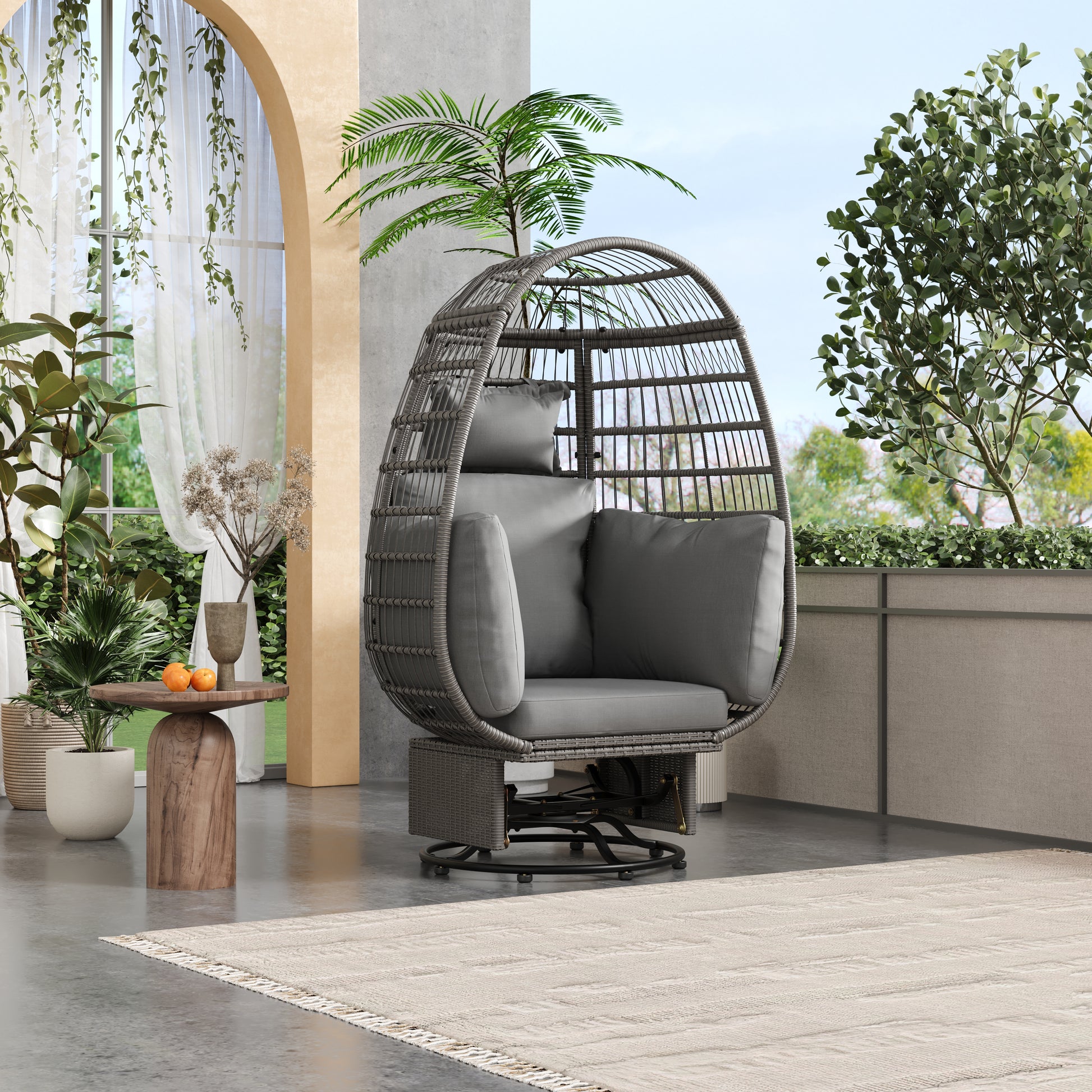 Outdoor Swivel Chair With Cushions, Rattan Egg Patio Chair With Rocking Function For Balcony, Poolside And Garden Grey Wicker Grey Cushion Grey Wicker