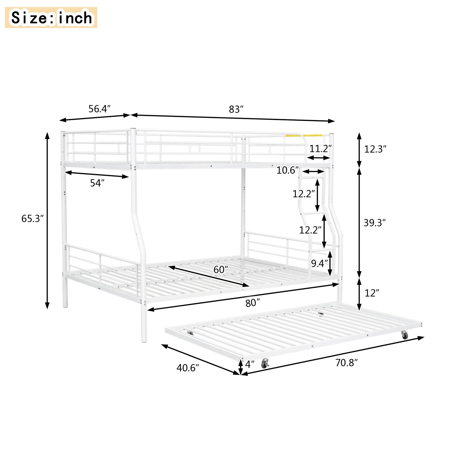 Full Xl Over Queen Metal Bunk Bed With Trundle, White Full Xl White Iron