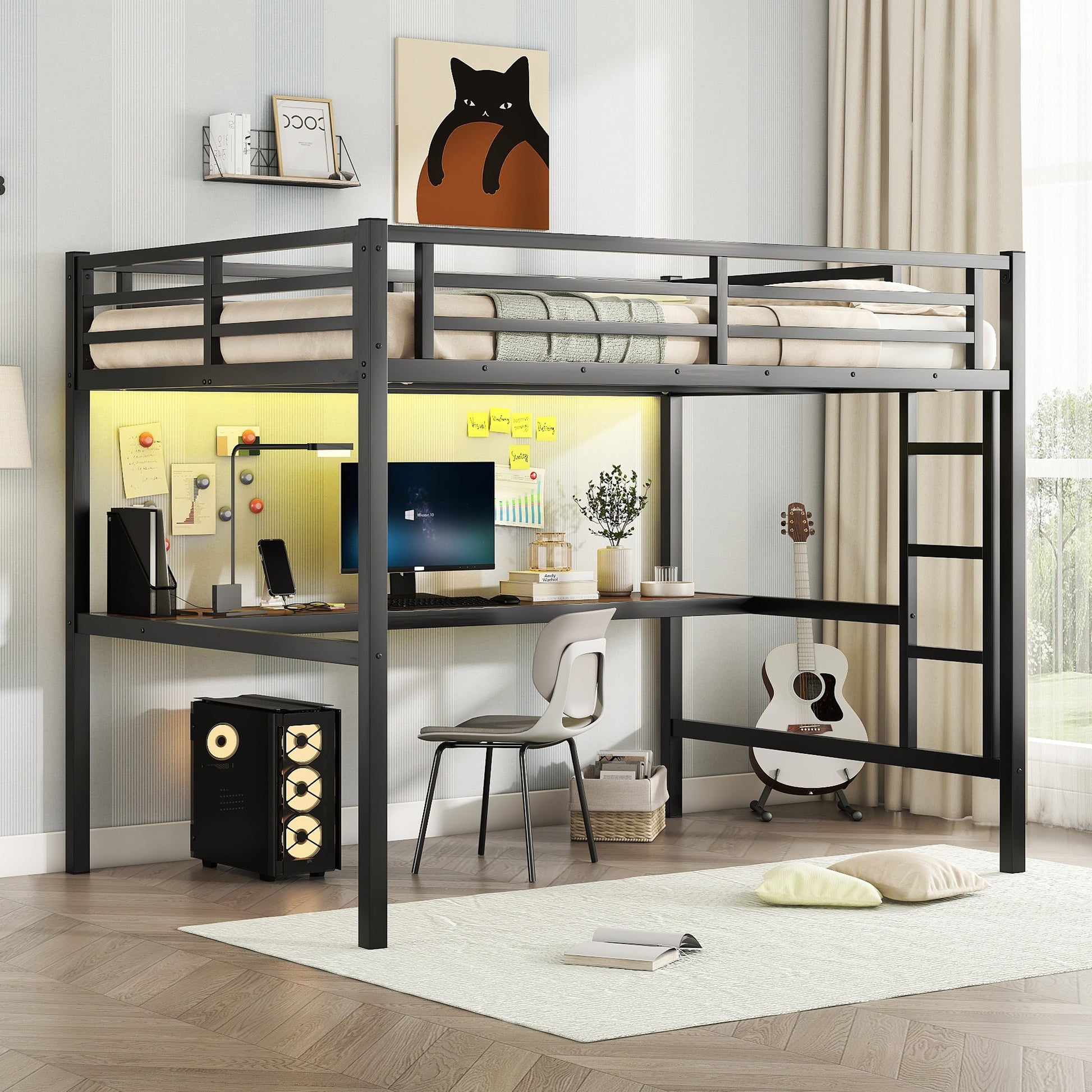 Metal Full Size Loft Bed With Power Outlet And Led Lighted, Space Saving, Noise Reduced, Black Full Black Metal