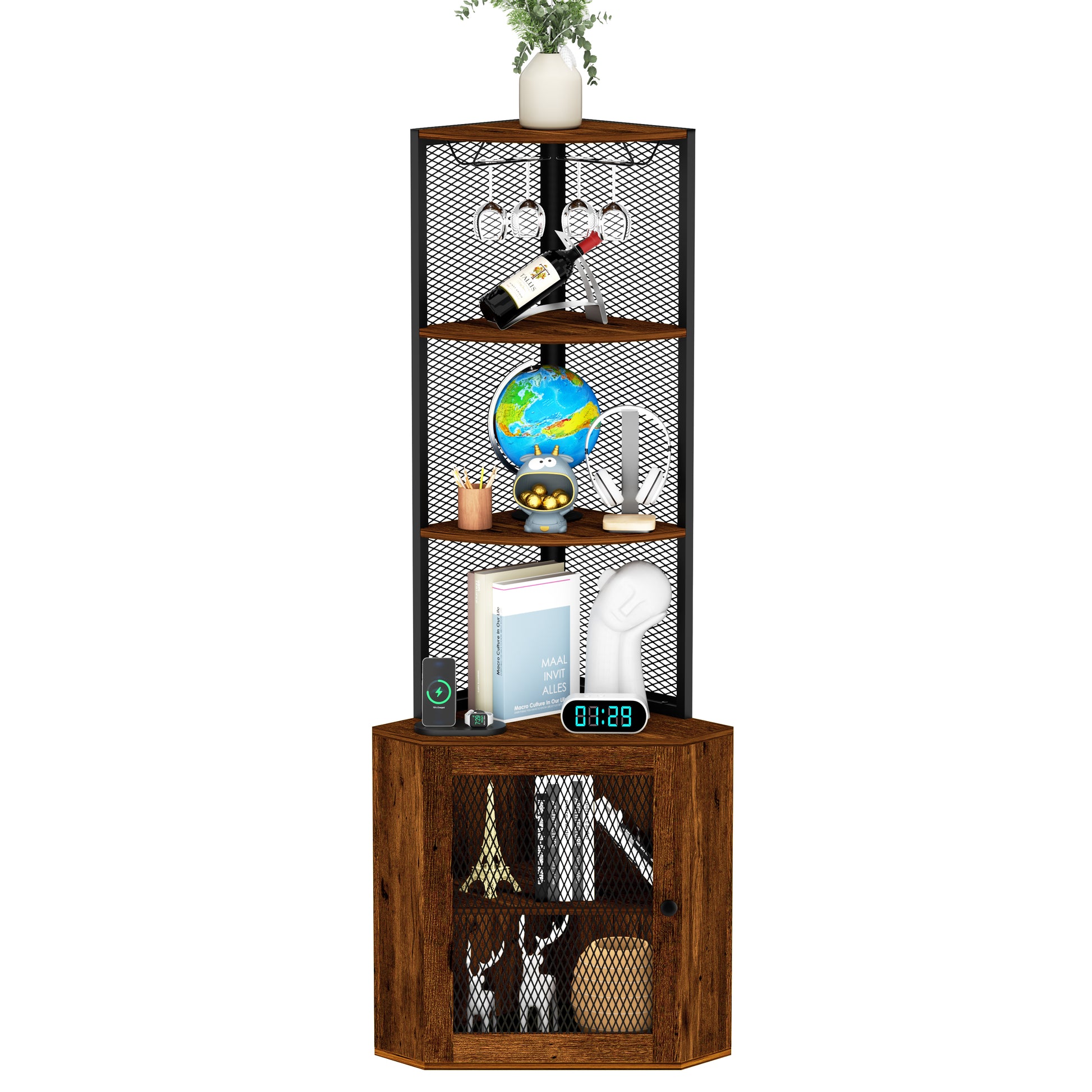 Corner Shelf With Doors, 65" Corner Cabinet With Shelves & Wine Glass Rack, 6 Tier Bookshelf Display Corner Shelves, Freestanding Corner Storage Stand For Kitchen, Living Room, Balcony Rustic Brown