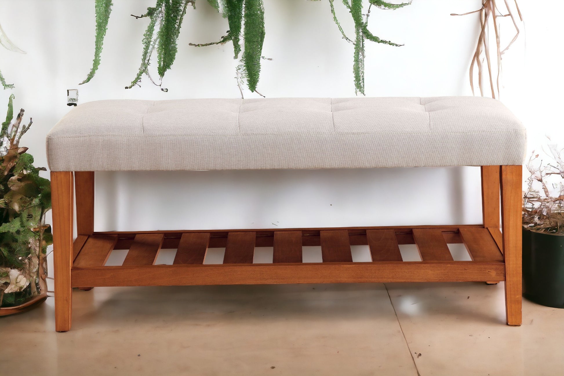 Charla Light Gray Fabric & Oak Finish Bench Gray Fabric,Synthetic Wood