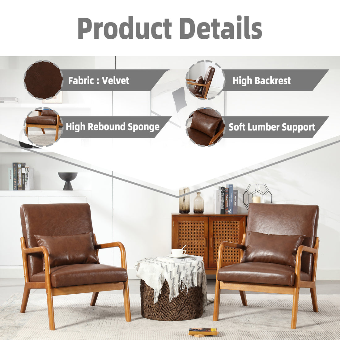 Coolmore Modern Accent Chair, Solid Wood Padding Lounge Armchairs With One Pillow For Living Room, Bedroom, Guest Room Brown Pu Brown Pu Brown Primary Living Space Modern Rubberwood Foam Pu Leather