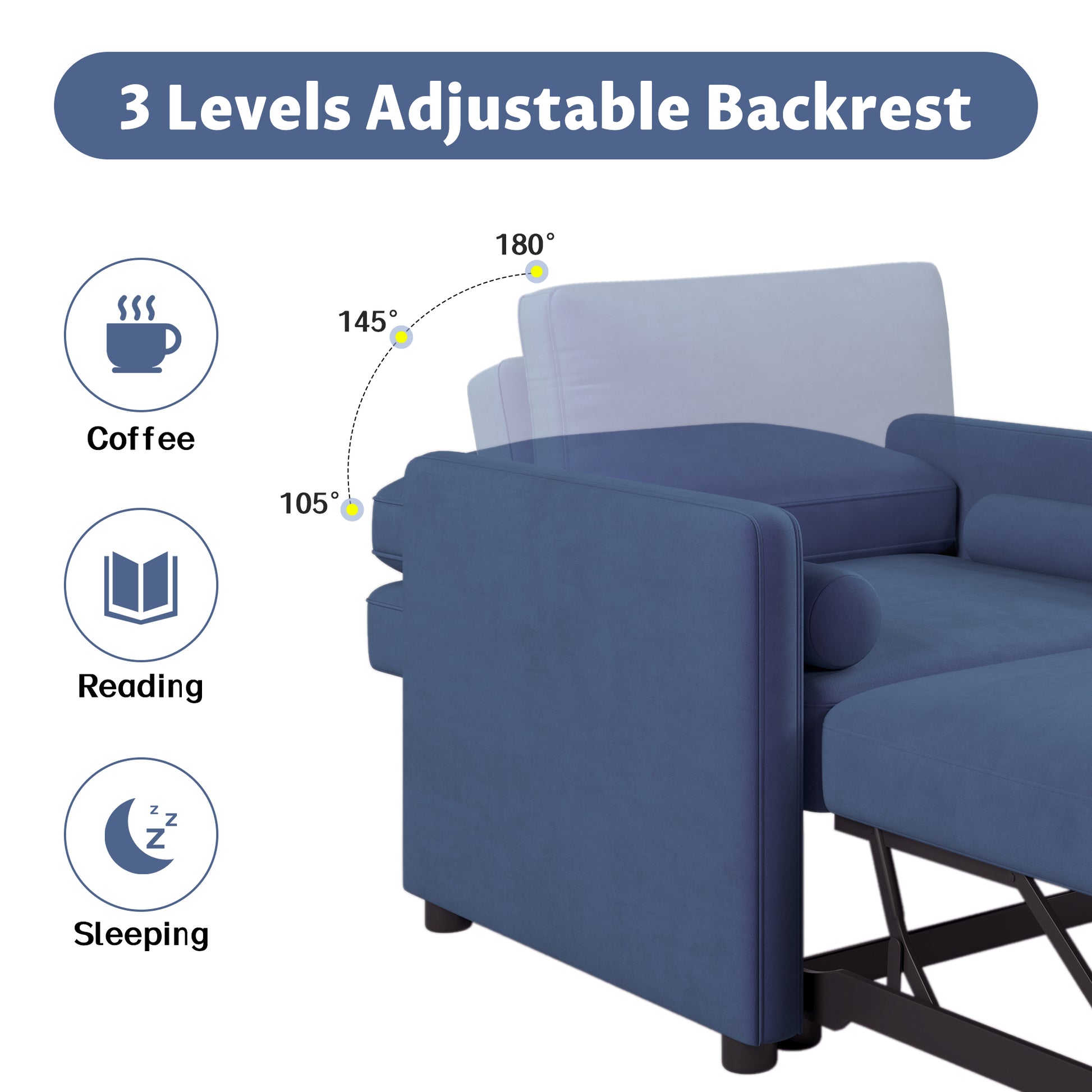 3 In 1 Convertible Sleeper Chair With Adjustable Backrest, Lounger Chair Turns Into Bed, Single Bed For Living Room, Velvet, Ink Blue Blue Velvet