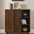 Mid Century Modern Rattan Sideboard Cabinet, Buffet Cabinet For Entryway Hallway Living Room Kitchen Dining Room Bedroom, Adjustable Shelf & Solid Wood Feet & Rattan Cabinet Doors Dark Wood Walnut