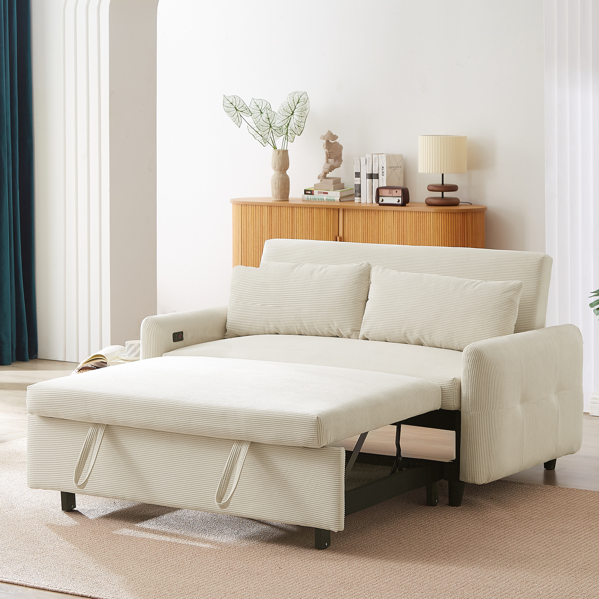 57.48" Pull Out Sofa Bed Convertible Couch 2 Seat Loveseat Sofa Modern Sleeper Sofa With Two Throw Pillows And Usb Ports For Living Room, Beige Old Sku:Wf317760Aaa Beige Foam Corduroy 2 Seat