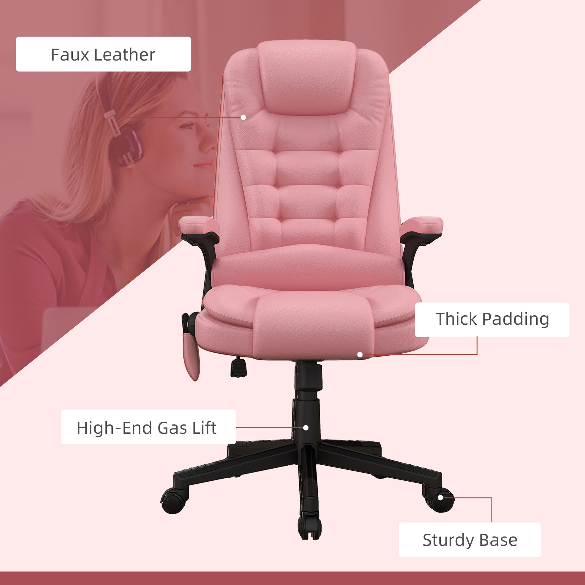Homcom High Back Vibration Massage Office Chair With 6 Vibration Points, Heated Reclining Pu Leather Computer Chair With Armrest And Remote, Pink Pink Pu