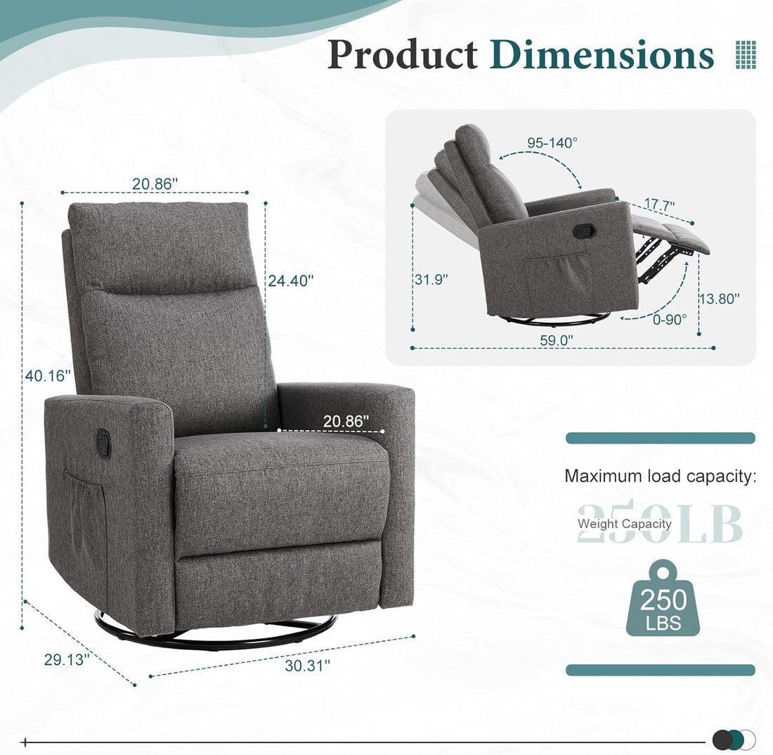 Rocking Recliner Chair With Large Footrest, Stain Resistant Faux Leather Recliner Rocker, Single Sofa Recliner For Living Room, Office, High Back, Upholstered Deep Seat, Grey Grey Metal