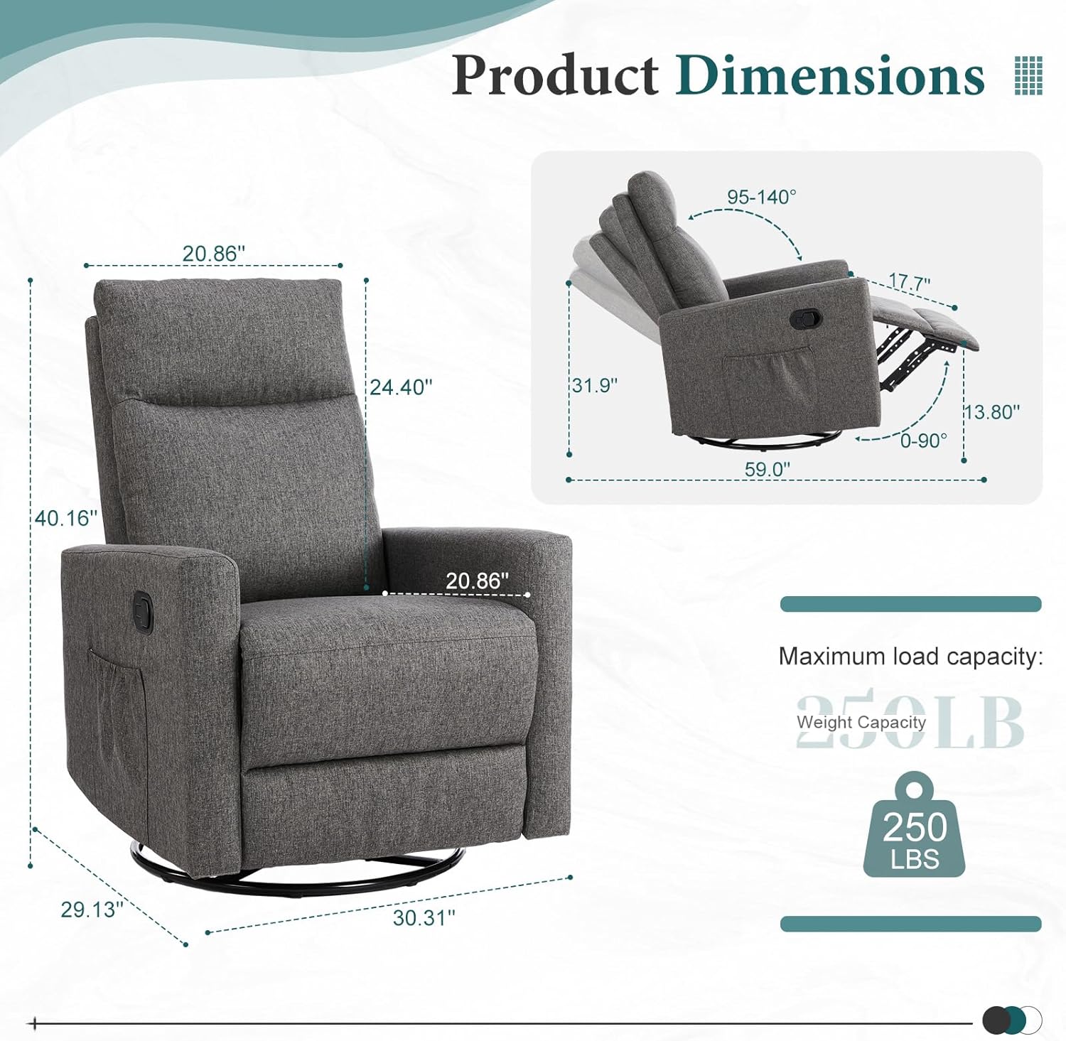 Rocking Recliner Chair With Large Footrest, Stain Resistant Faux Leather Recliner Rocker, Single Sofa Recliner For Living Room, Office, High Back, Upholstered Deep Seat, Grey Grey Metal