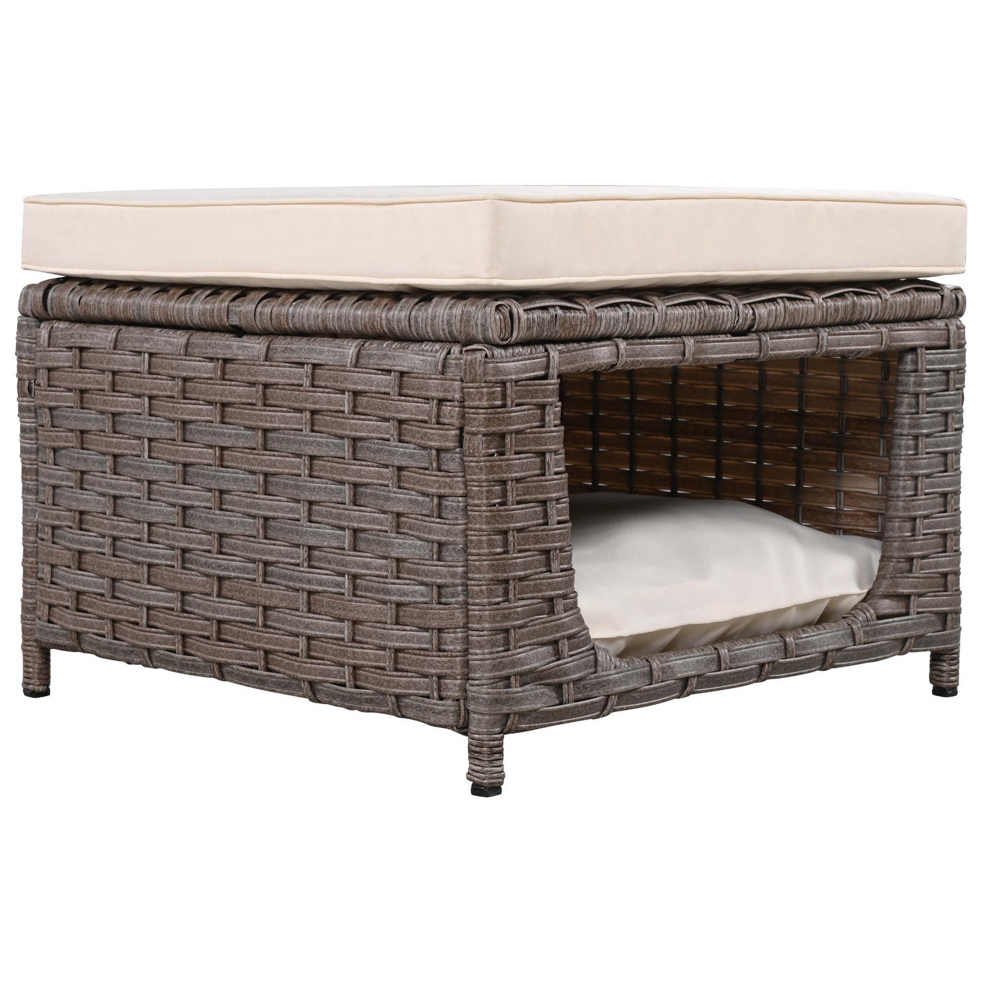 K&K 5 Pieces Outdoor Patio Furniture Set With Pet House Cool Bar And Retractable Side Tray, Rattan Wicker Patio Swivel Rocking Chairs Set Of 2 With Ottomans For Backyard, Porch, Balcony, Beige Yes Rocker & Glider Brown Beige Seats 2 Weather Resistant