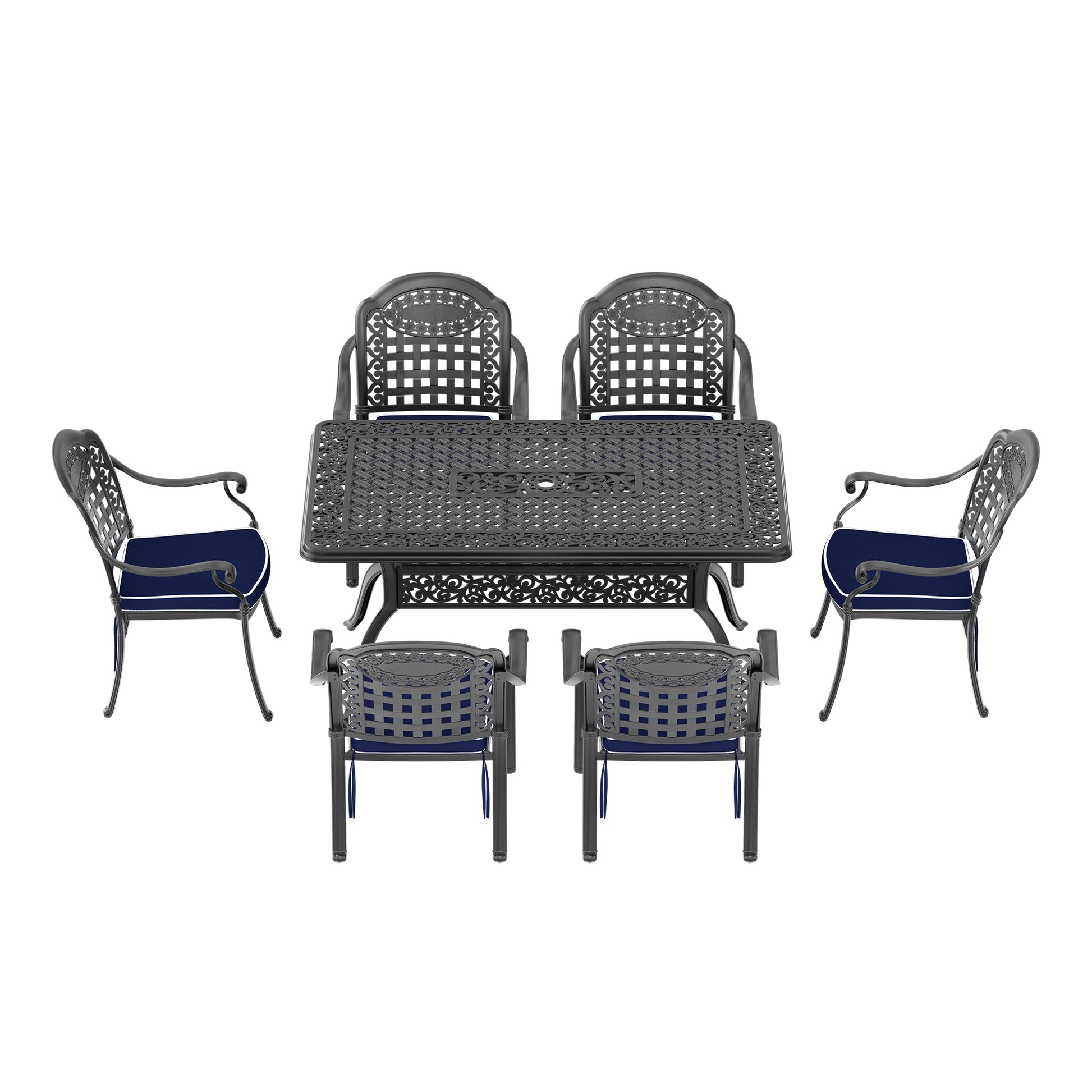 Cushions In Random Colors 7 Piece Set Of Cast Aluminum Patio Furniture With Cushions Yes Dining Set Black Seats 6 Rust Resistant Frame Water Resistant Cushion Garden & Outdoor Complete Patio Sets Aluminium