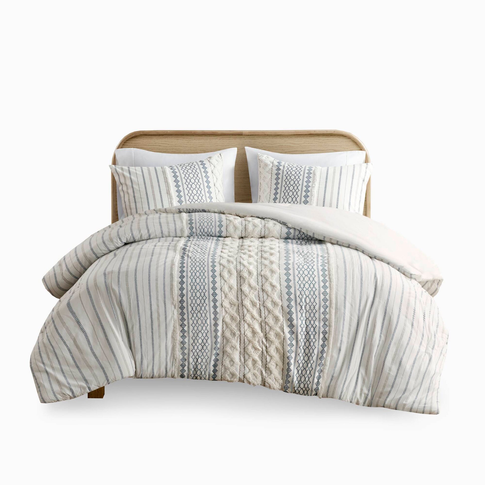 Cotton Printed Comforter Set With Chenille White Navy Full Queen Queen White Navy Cotton