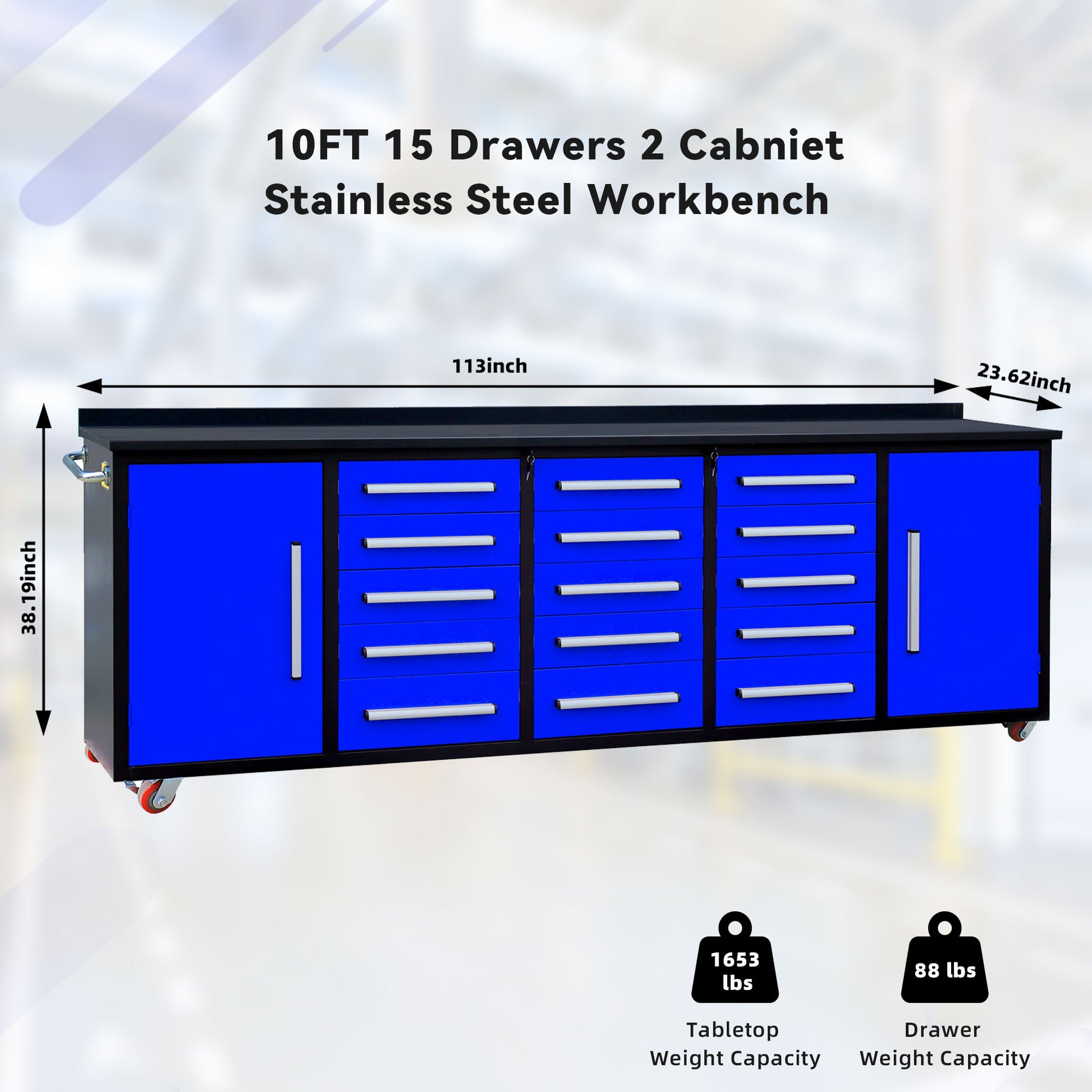 10Ft Storage Cabinet With Work Bench 15 Drawers & 2 Cabinets Blue Blue Steel