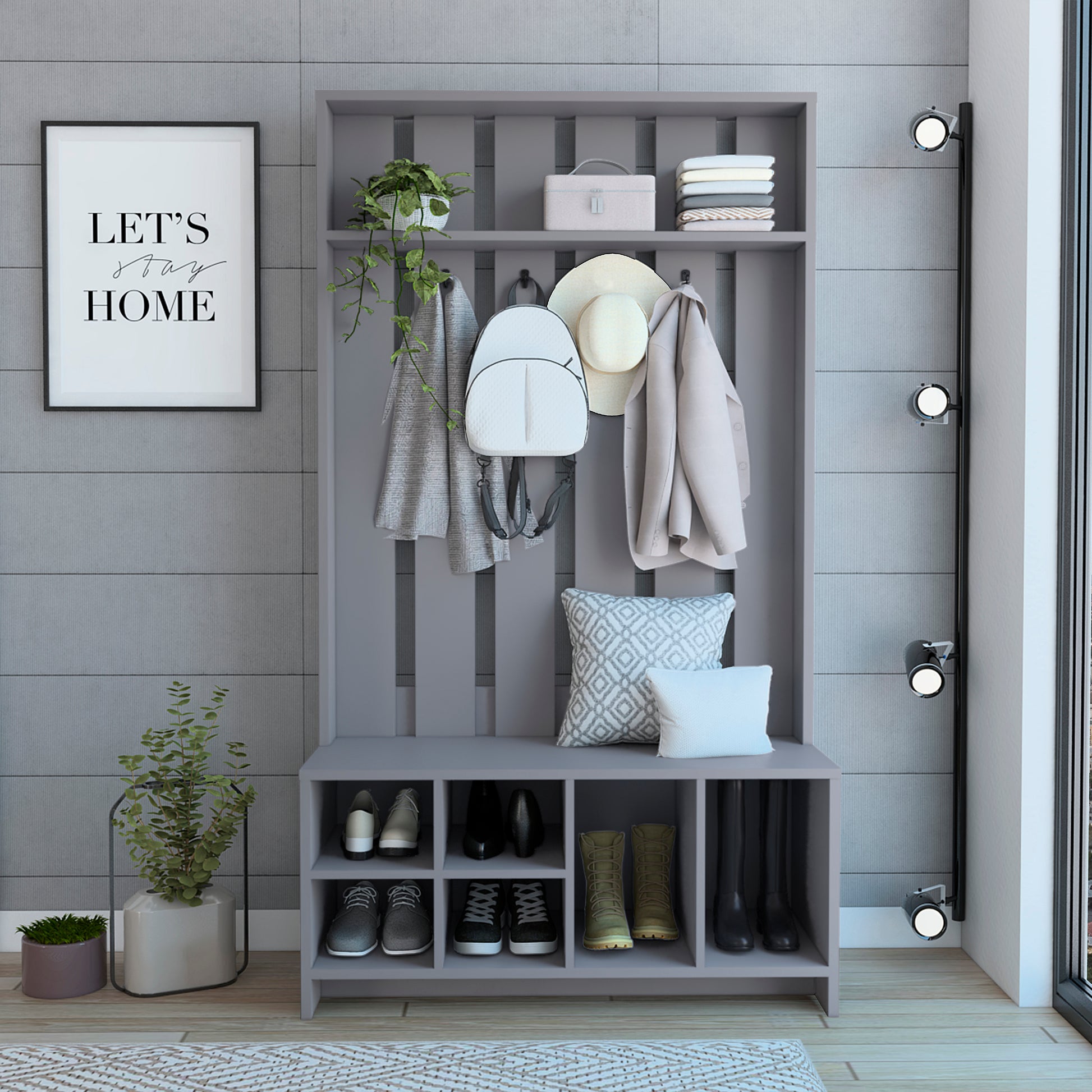 Tulcan 38" Wide Hall Tree With Bench And Shoe Storage, Entryway Bench With Coat Rack Smoke Grey Bedroom Modern Particle Board