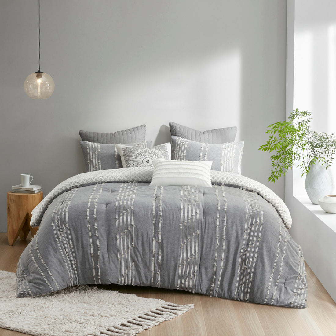 3 Piece Cotton Jacquard Comforter Set Gray Full Queen Queen Gray Cotton