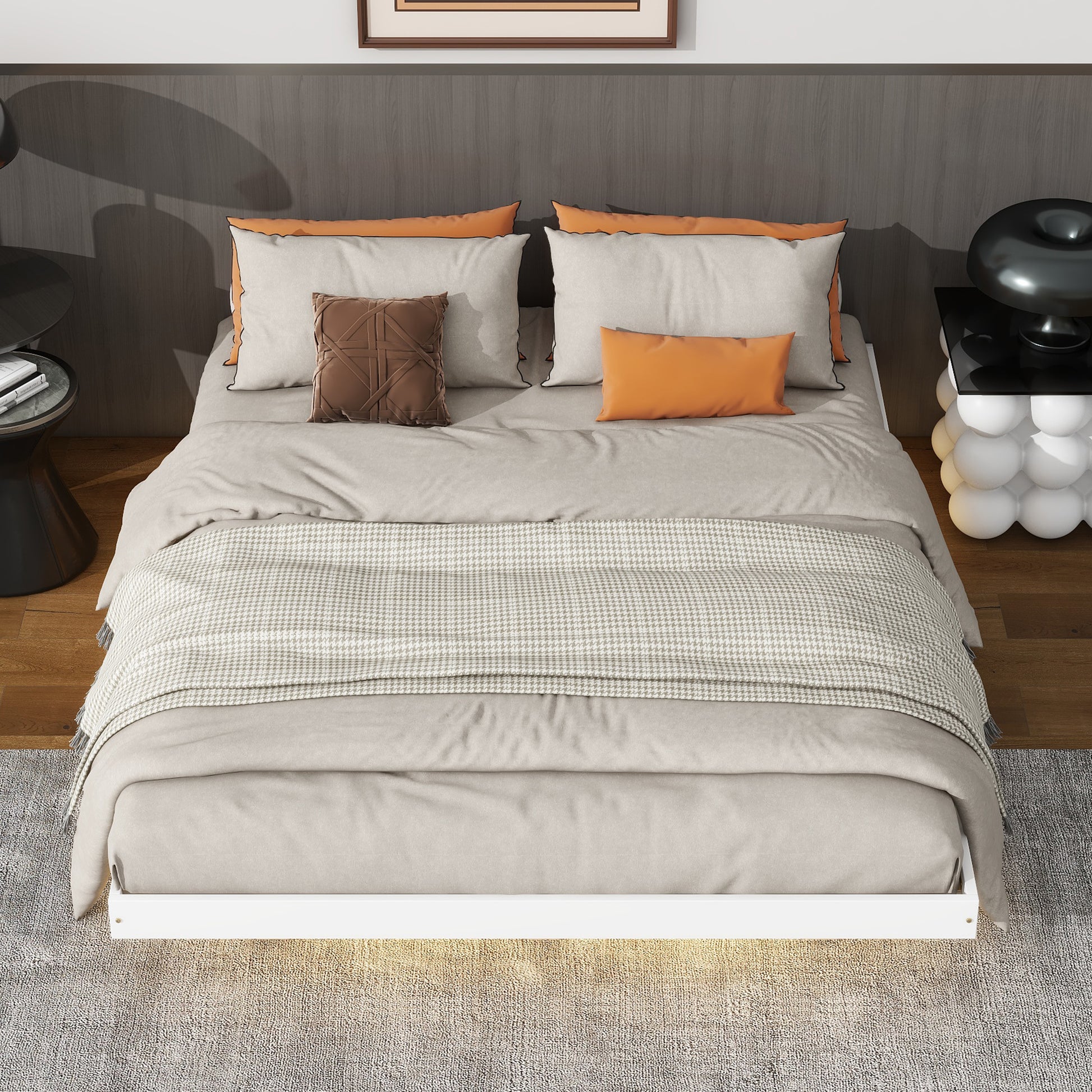 Queen Size Floating Bed With Led Lights Underneath,Modern Queen Size Low Profile Platform Bed With Led Lights,White Queen White Wood Bedroom American Design Pine Bed Frame Pine