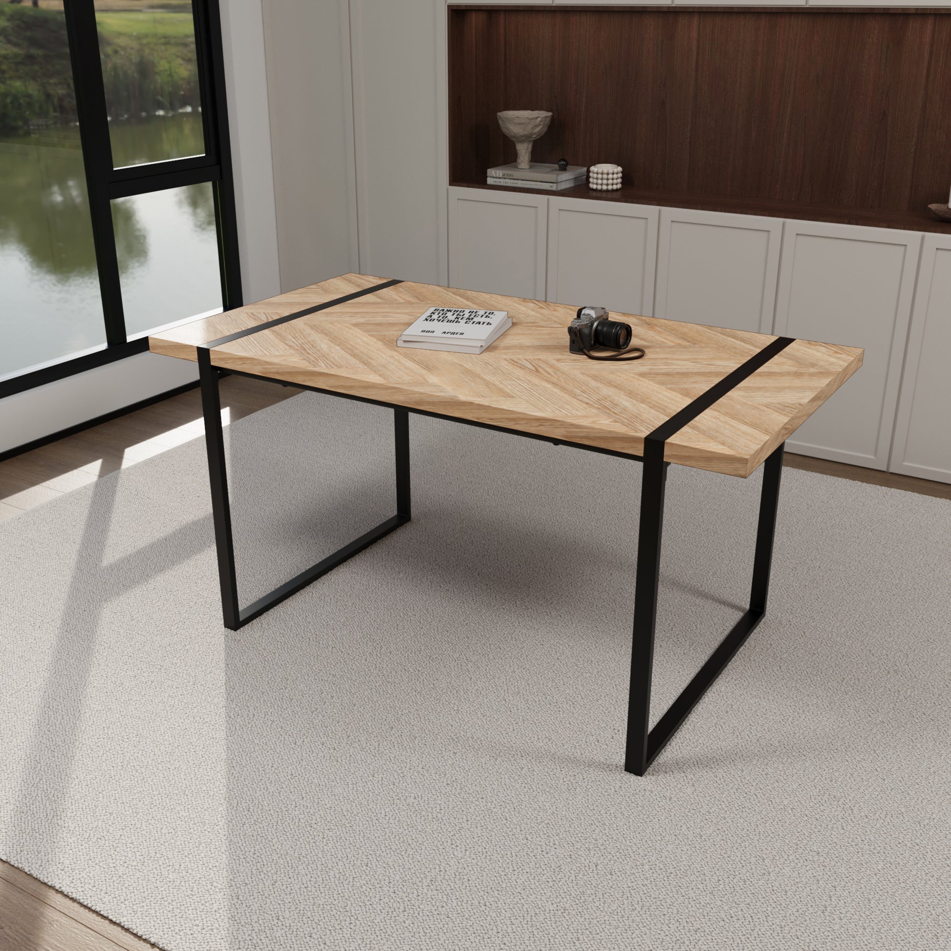 59 "Rural Industrial Rectangular Mdf Light Wood Dining Table, 4 6 People, 1.5" Thick Engineering Wood Tabletop And Black Rectangular Metal Legs, Used For Desks, Kitchens, Terraces, Restaurants Natural Wood Kitchen Mdf