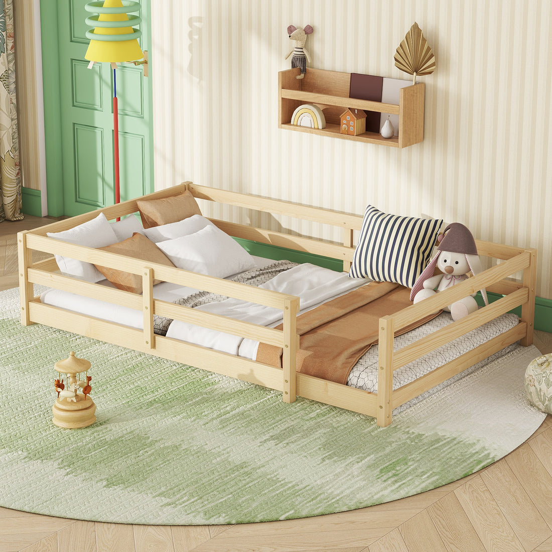 Twin Size Floor Bed, Montessori Floor Bed With Fence, Kids Montessori Bed Twin Size, Wood Montessori Floor Bed For Kids, Girls, Boys Natural Natural Wood Metal