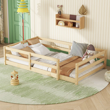 Twin Size Floor Bed, Montessori Floor Bed With Fence, Kids Montessori Bed Twin Size, Wood Montessori Floor Bed For Kids, Girls, Boys Natural Natural Wood Metal