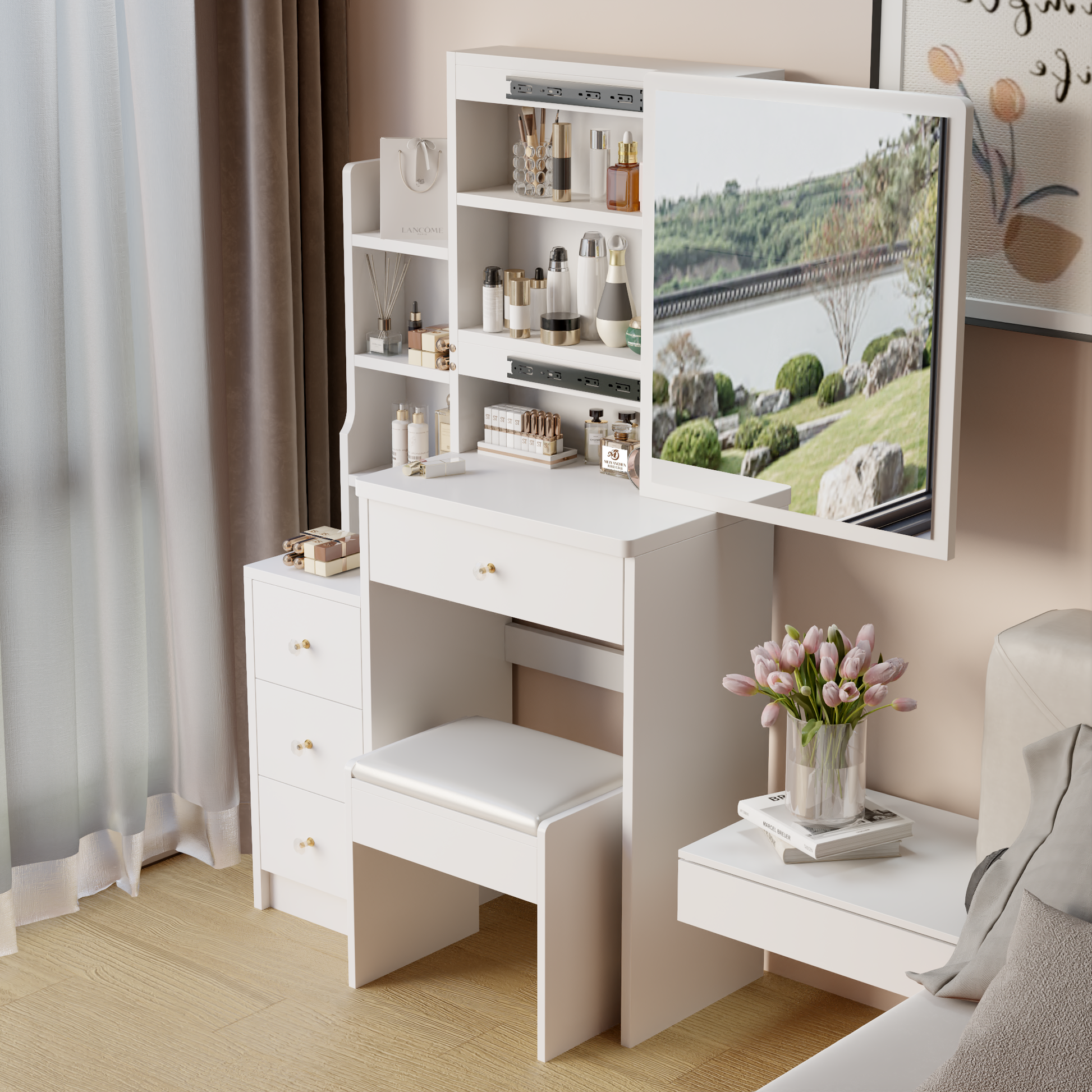 Small Space Left Bedside Cabinet Vanity Table Cushioned Stool, Extra Large Right Sliding Mirror, Multi Layer High Capacity Storage, Practical Fashionable Dresser, Suitable For Girls Up To 5.6Ft Tall